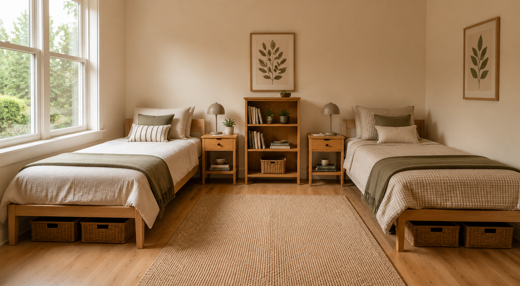 A calm shared children's bedroom with two wooden beds, soft neutral bedding, a bookshelf and natural light from a large window.