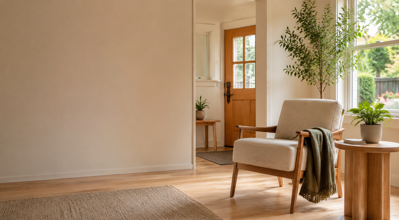 A calm, sunlit residential entry room with an armchair, plants and warm wood floors.